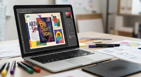 Laptop showing a creative design project with bold text and a colorful poster layout, representing graphic design work