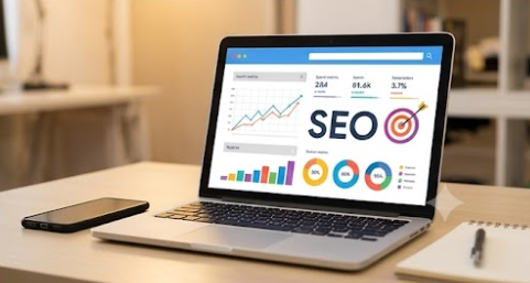 Laptop screen showing a large SEO graphic on a desk, representing search engine optimization training